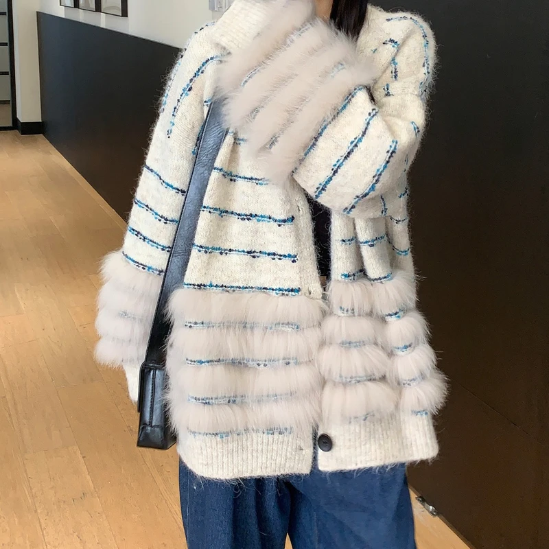 

Осень/зима 2021, новый вязаный кардиган с v-образным вырезом, свободный и универсальный корейский свитер в полоску для женщин