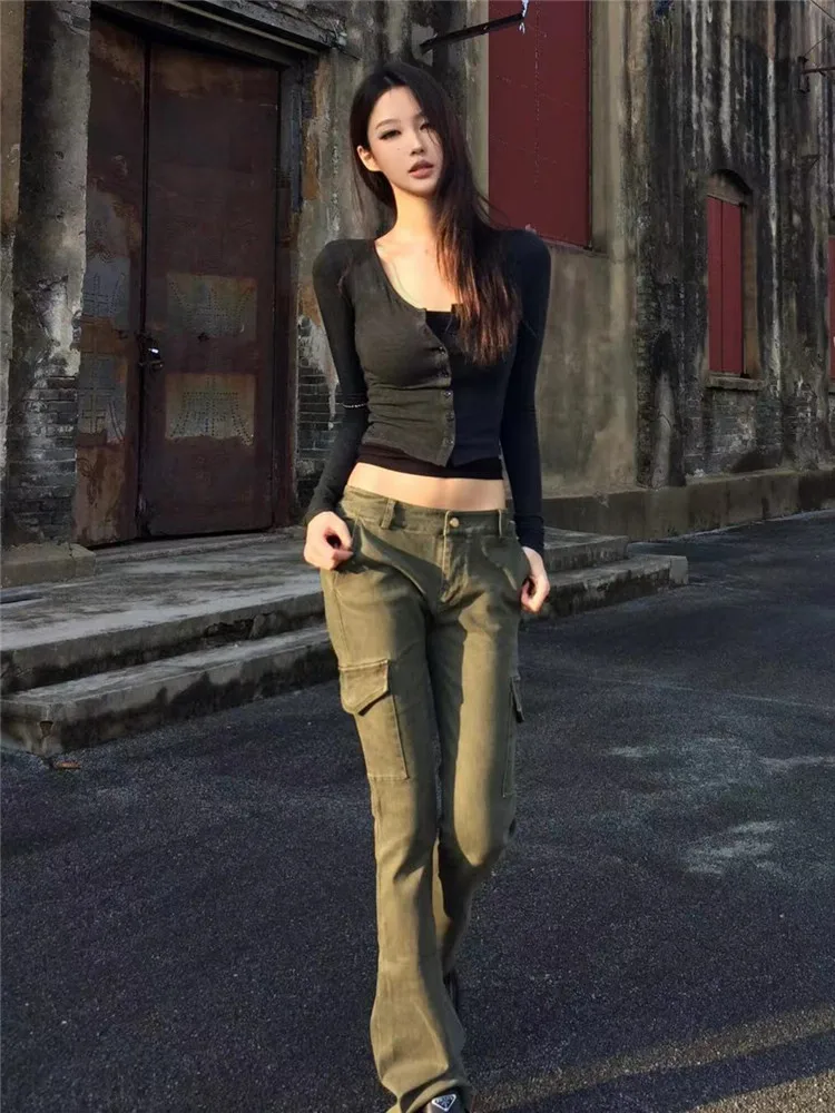 

Low Waist Bell Bottom Women's Jeans High Waist Military Green Workwear Stretchy Spring Autumn Multi Pocket Floor Length Pants