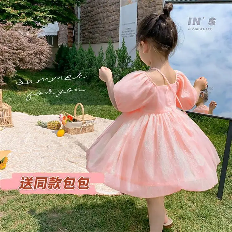 Girls\' Dress Summer Clothing New Fashionable Children\'s Princess Dress Summer Fluffy Skirt Little Girl Bubble Sleeve Skirt