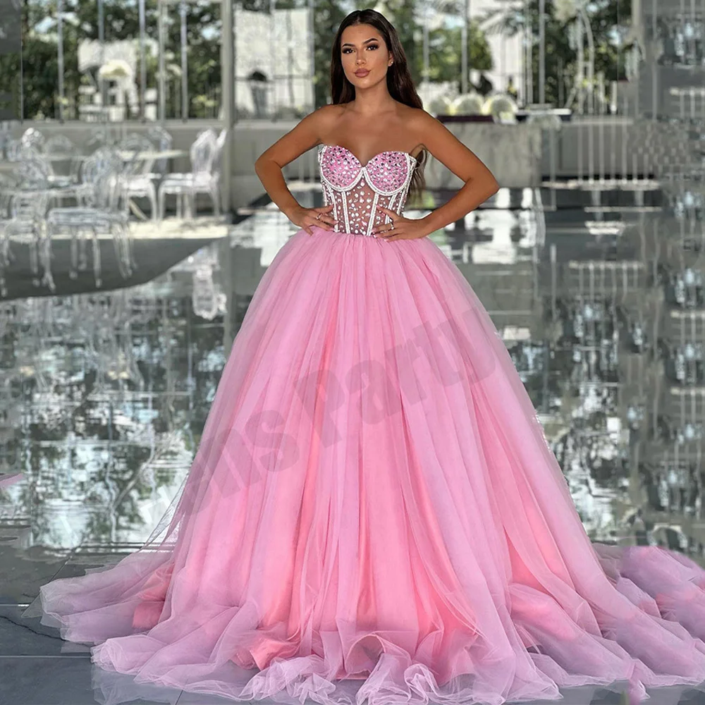 Pink Evening Dress Crystal Stones Sweetheart  Sleeveless See-through Ball Gown Tulle Prom Dresses Party  Sweet 16 Year 