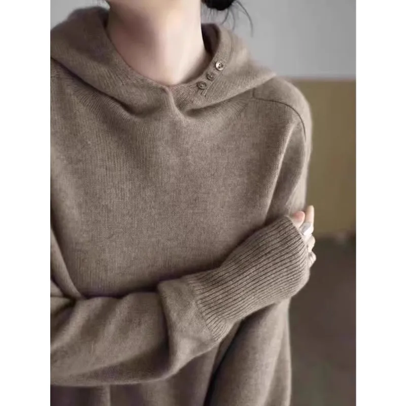 

Европейский свитер из чистой шерсти 100, женская толстовка с капюшоном, свободный и толстый повседневный вязаный свитер из шерсти с базовым слоем для верхней одежды