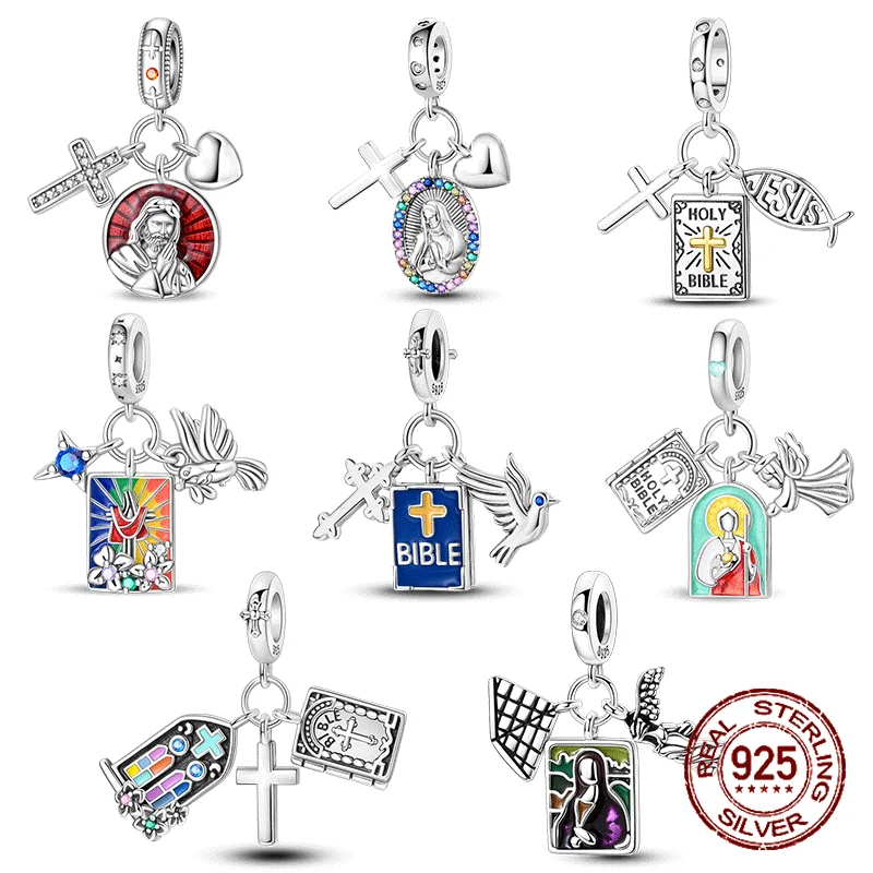 

Religious Jesus Cross 925 Sterling Silver Holy Bible Scriptures Pendant Fit Original Charm Bracelets Women DIY Jewelry Gift