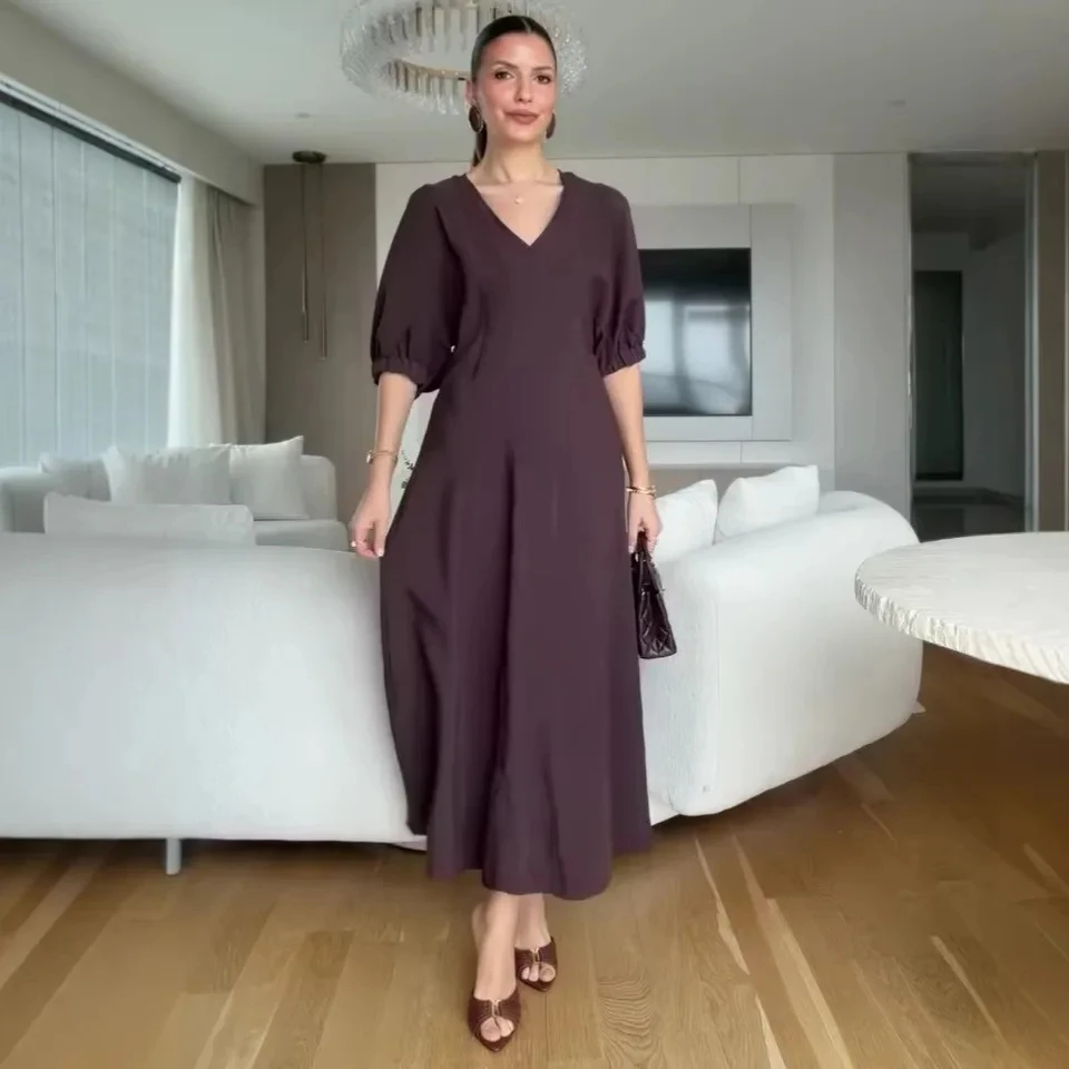 

2026 Spring Summer New Fashion Elegant Pure Color Puff Short Sleeve V Neck Midi Dress Women