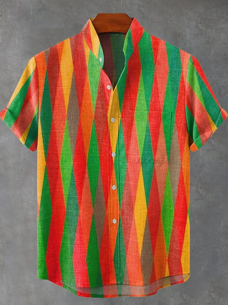 

Men's Short Sleeve Shirt 3D Grid Printed Irregular Pattern Street Trend Vintage Linen 80% New Hot Sale Top