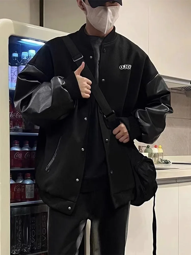 

Мужская повседневная куртка из искусственной кожи, весенне-осенняя, в корейском стиле, модная, с лоскутным узором, бейсбольная куртка, свободное шерстяное пальто в гонконгском стиле