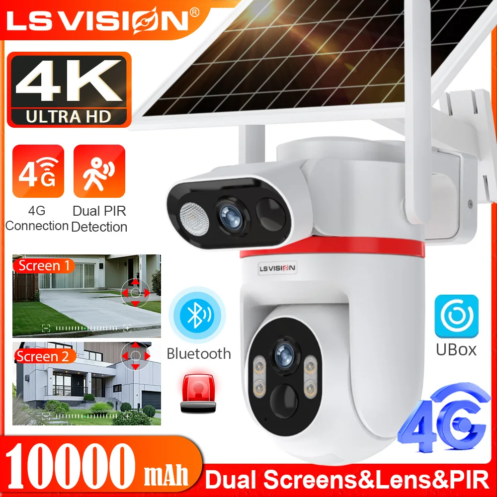 

LS VISION 4G LTE Solar Cameras 8MP Outdoor Surveillance Cameras Dual Screens Dual PIR Detection Auto Tracking CCTV Camera UBOX