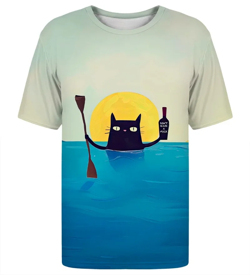 Unisex Fun Ocean Cat T-shirt: Cute Black Cat Paddling on The Sea, Sunset Beach Vibe, Cartoon Casual Emoji Design.