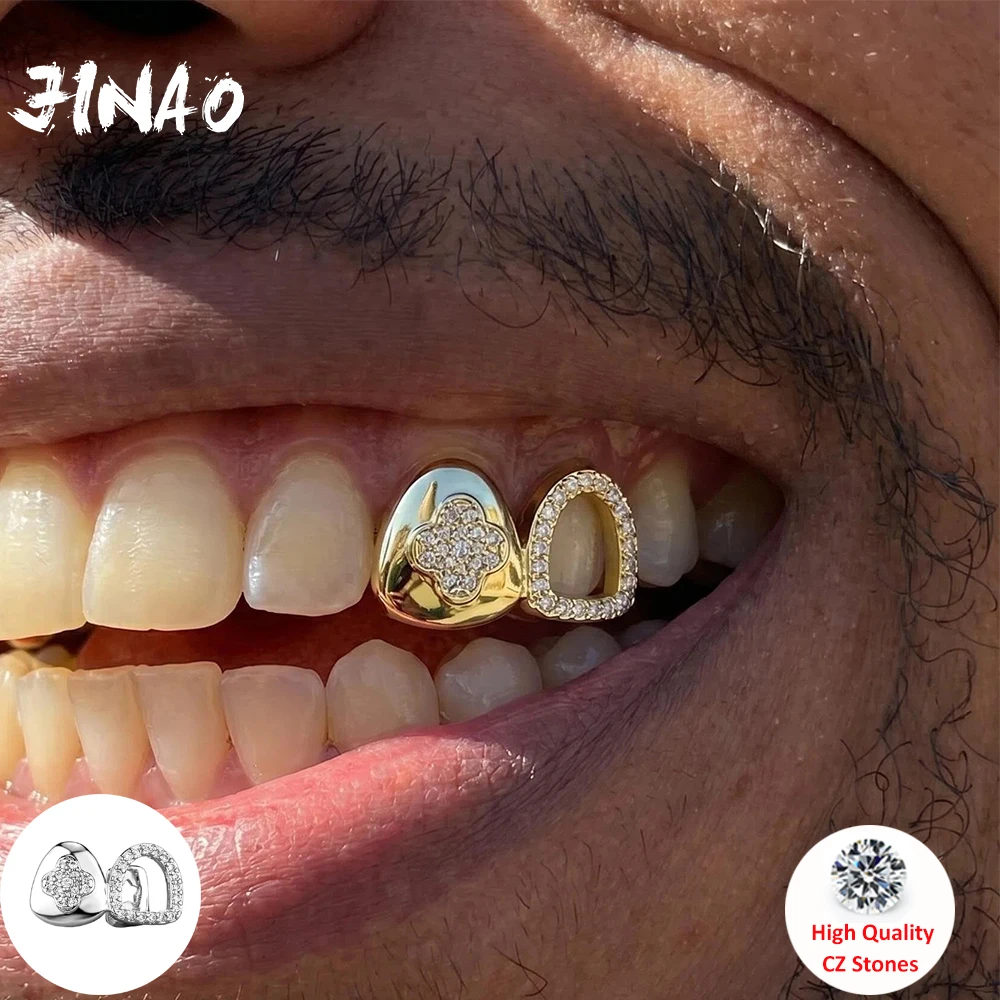 JINAO Hip Hop New Thorns Treble Teeth Hollow Red Rhombus CZ Grillz Men Women Top&Bottom shinny Grill Punk Rapper Christmas Gift