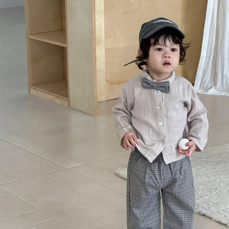 

2025 Autumn New Baby Long Sleeve Shirts Cotton Toddler Boys Cute Bow Collar Shirts Kids Solid Casual Tops Infant Clothes