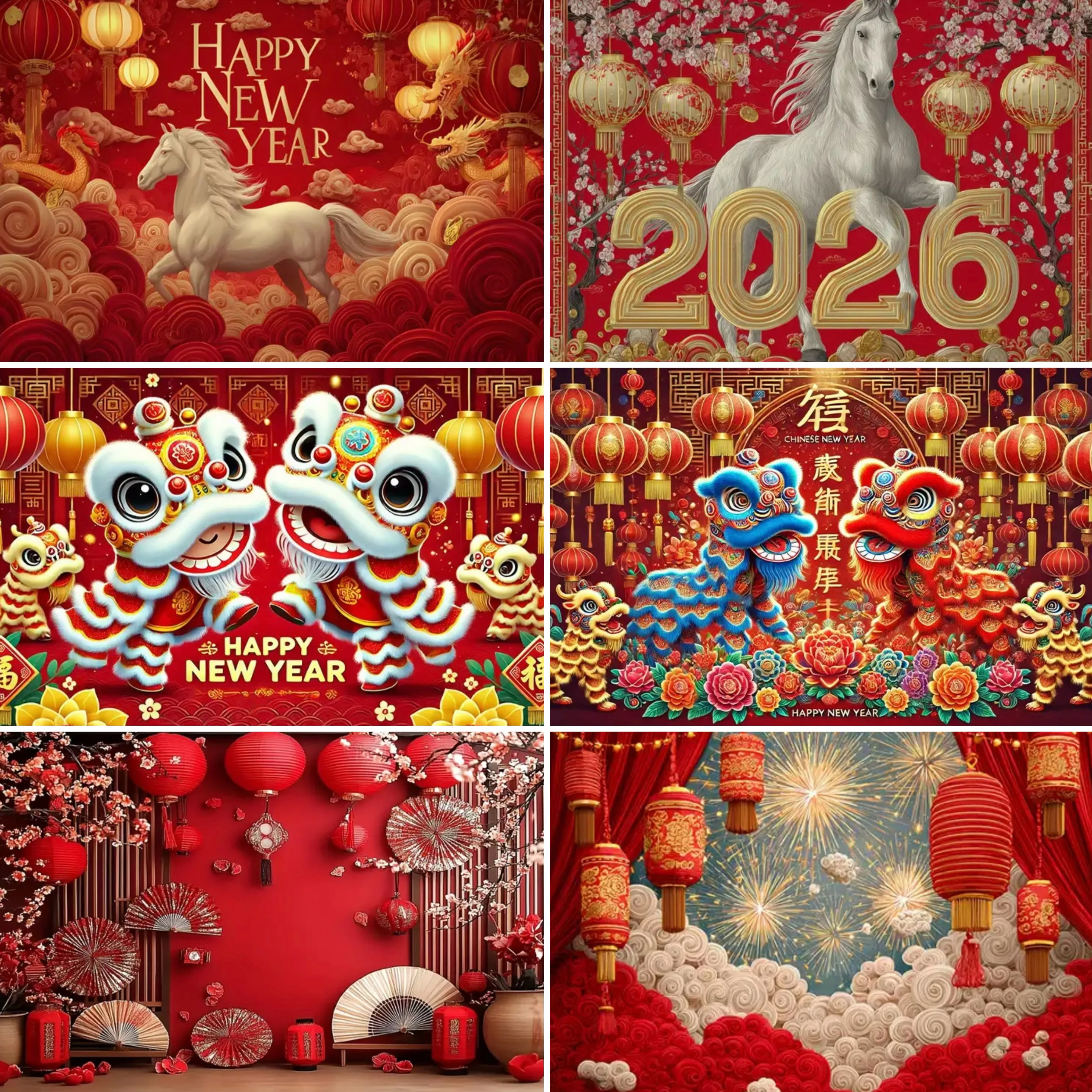 

Red Chinese Style New Year Theme Party Decor Backdrop New Year Traditional Culture Lantern Lion Horse Backdrop Party Decor Banne