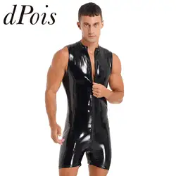 Mens Wet Look Patent Leather Jumpsuits Sleeveless Zipper Bodysuit Lingeire Hommes Unitard for Club Pole Dancing Costume Clubwear