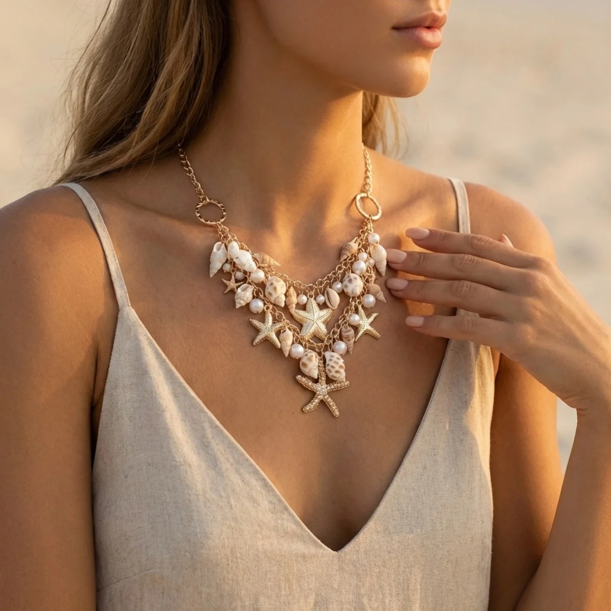 Seestern-Imitation Muschel-Perlen Halskette Armband Taillenkette Set für Damen und Herren Seestern Strand Urlaub Schmuckset – Detail 4