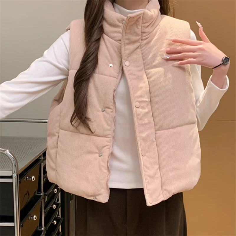 2025 outono inverno colete feminino veludo curto colete gola alta algodão-acolchoado jaqueta solta sem mangas casacos outerwear