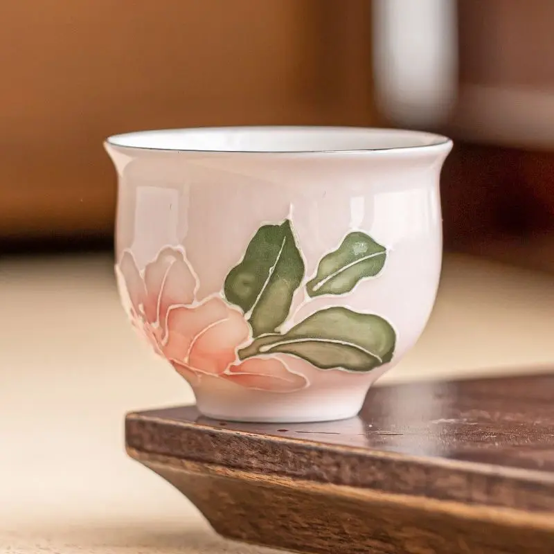 

Hand Drawn Pile Carved Powder Lily Ceramic Tea Cup, Household Tea Cup