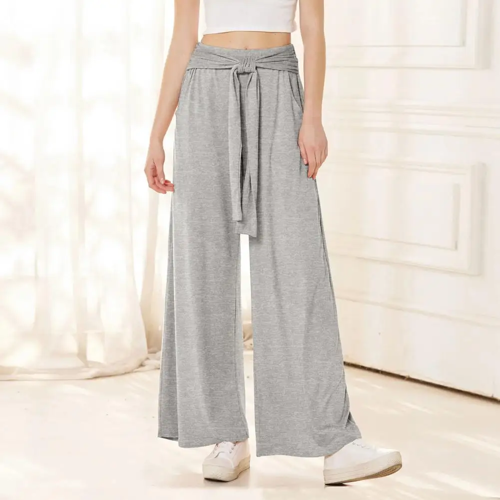 

Women Pants Wide Leg Elastic High Waist Lace-up Casual Long Trousers with Pockets Solid Color Loose Fit Leisure Work Pants