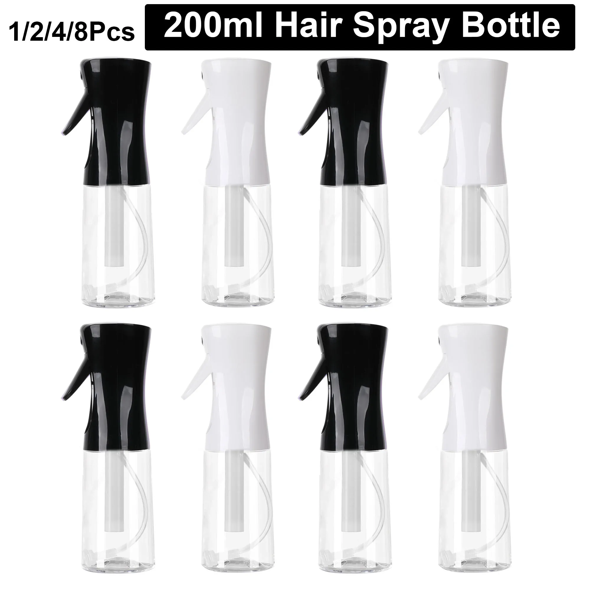 Botella pulverizadora de 200ml para cabello, botella de niebla continua, botellas recargables blancas/negras, pulverizador de agua para salón de peluquero, herramientas para el cabello, 8-1 Uds.
