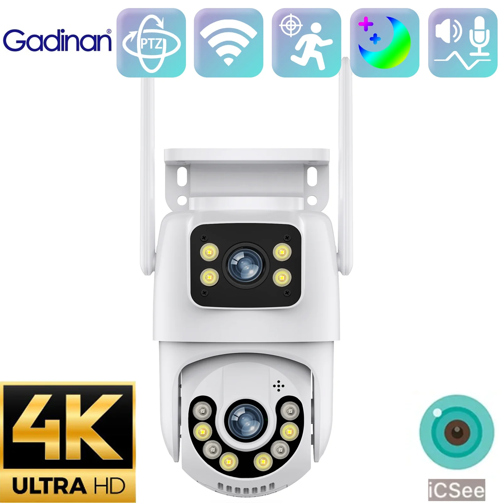 

Gadinan 4K 8MP PTZ Dual Lens Security Wifi Camera Outdoor Color Night Vision Auto Tracking Dual Screen Video Surveillance iCSee