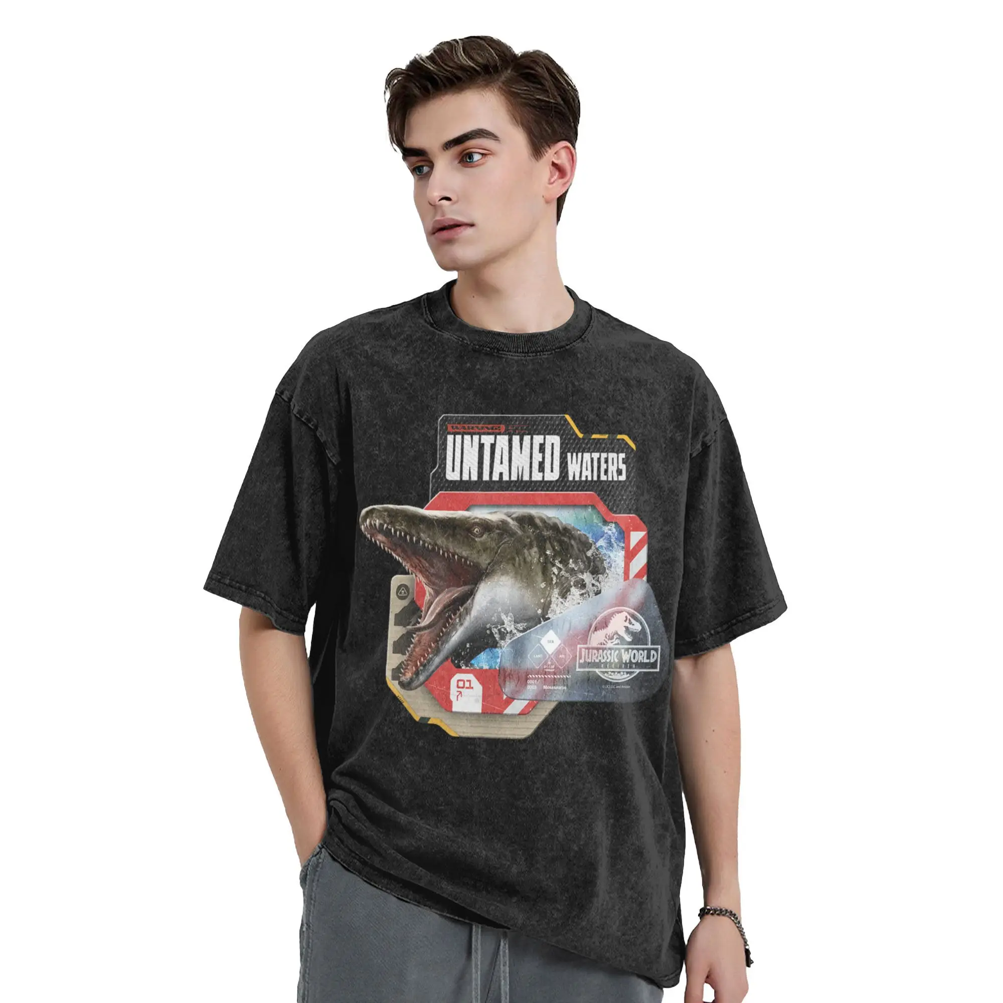 العالم الجوراسي ولادة جديدة تحذير الجامح المياه Mosasaurus تي شيرت الرجال القطن الياقة المستديرة تي شيرت ملابس قصيرة الأكمام