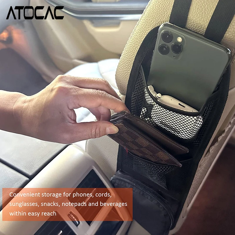 Car Seat Side Hanging Bag Phone Wallet Charging Cable Card Storage with Zipper Pocket Mesh Cover Auto Vehicle Interior Organizer