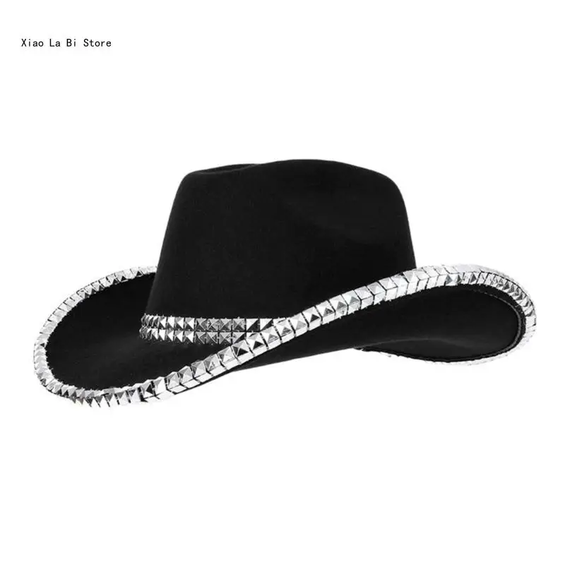 Adult Plain Color Cowboy Hat with Glitter Rivet Trim Woman Western Cowboy Hat Stage Performances Photography Hat