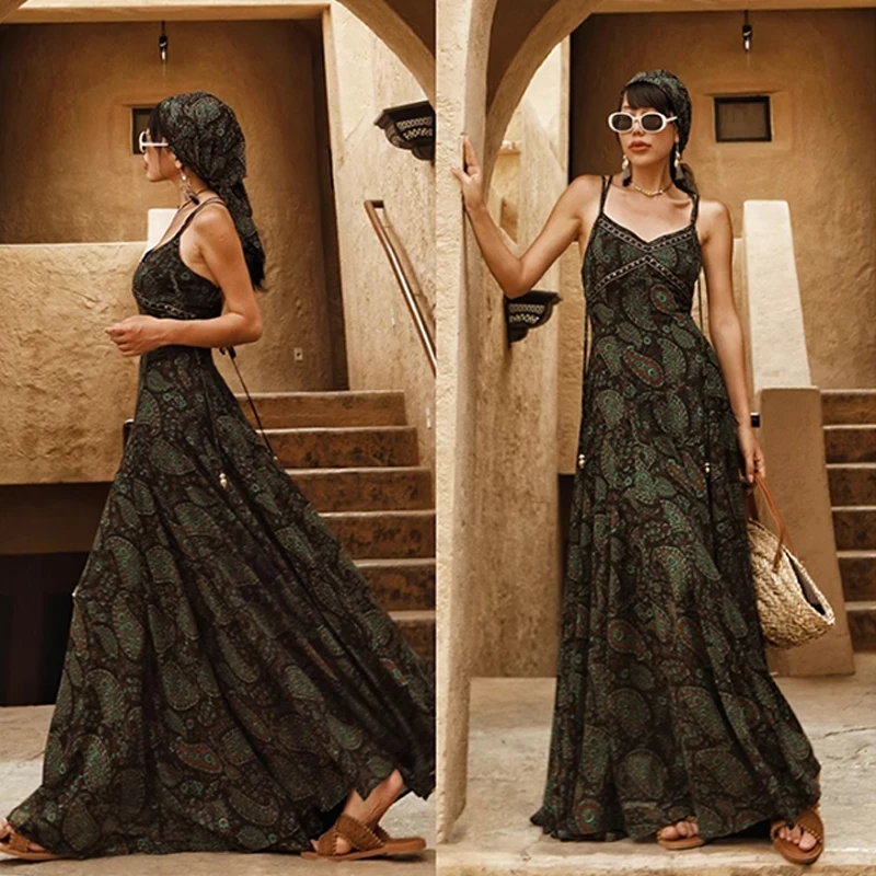 2025SS Nuovo stile bohemien verde pavone stampato abito lungo e hijab set da 2 pezzi moda vintage abbigliamento donna