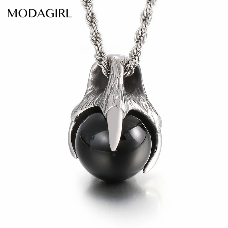 

MODAGIRL Gothic Men Stainless Steel Dragon Claw Pendant Necklace Black Glass Bead Pendant Retro Style Jewelry Gift