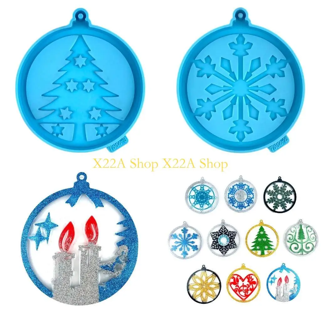 Unique 1/10 Pcs DIY Round Silicone Pendant Mold Snowflake Heart Resin Mold with Hanging Hole DIY Craft Xmas Tree Pendant Mold