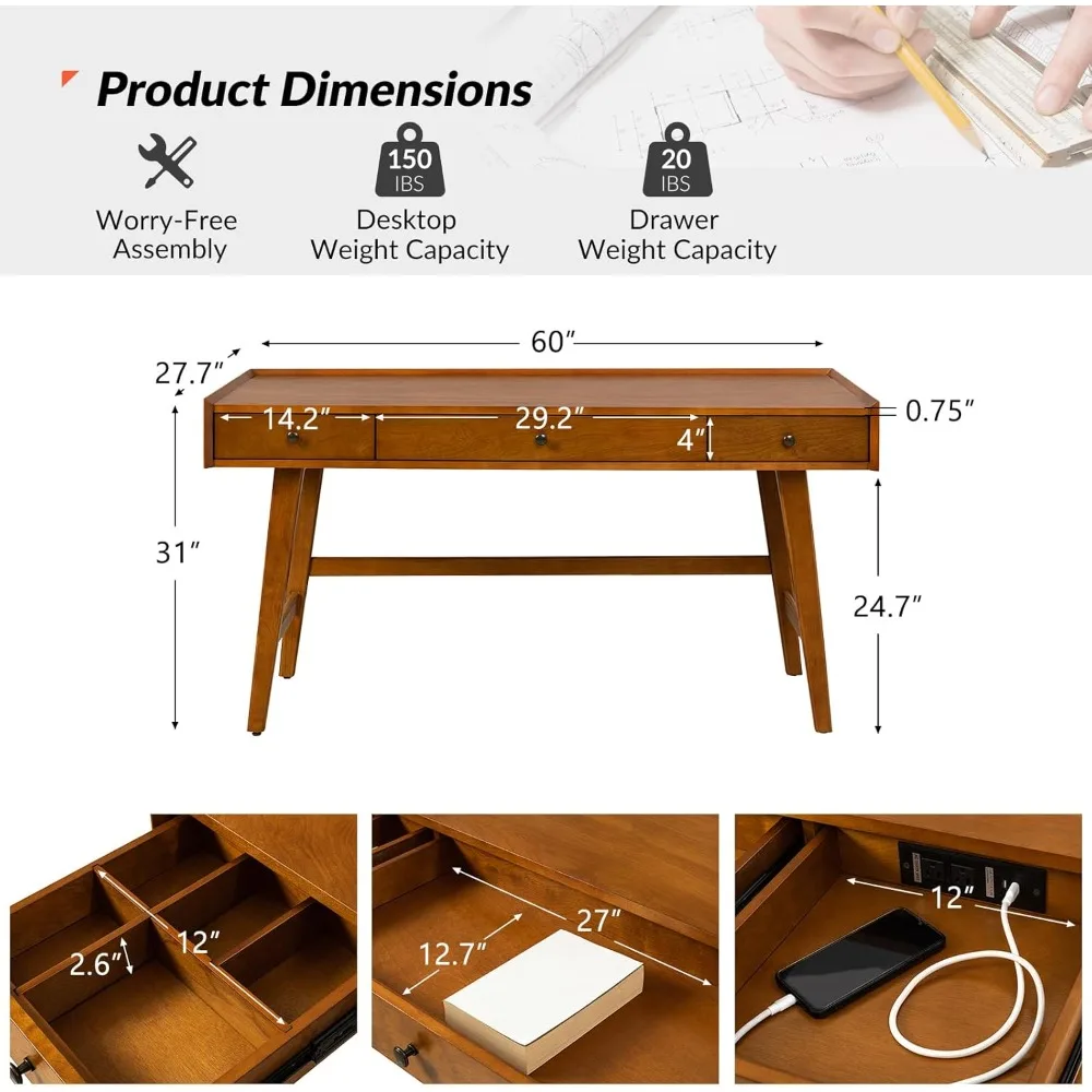 Home Office Desk with 3 Drawers & Solid Wood Legs,Writing Table with Charging Station & Cable Management,Mid Century Modern Desk