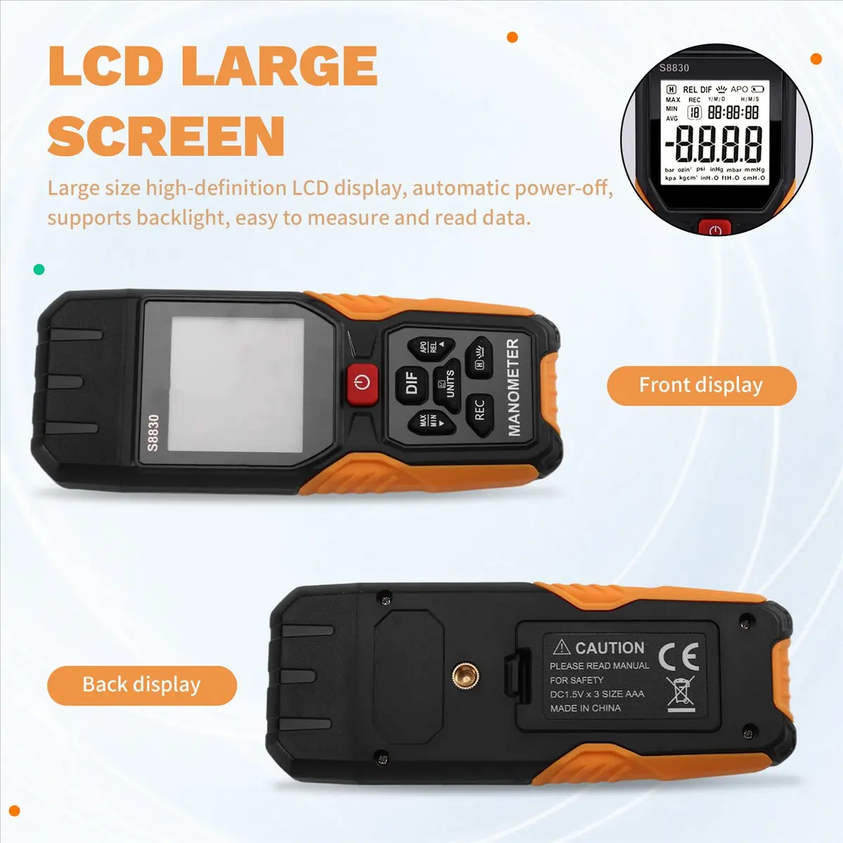 popop 36.8kPa Digital Manometer 11 Units Air Pressure Meter Differential Pressure Gauge Natural Gas Pressure Meter