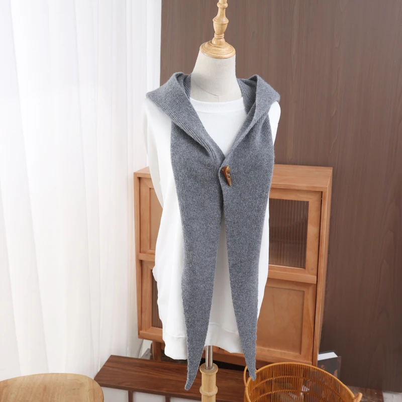 

100% Wool Cow Horn Buckle Solid Shawl With Hat Fashionable Trendy Outdoor Skin Friendly Soft And Delicate Knitted Lightweigh