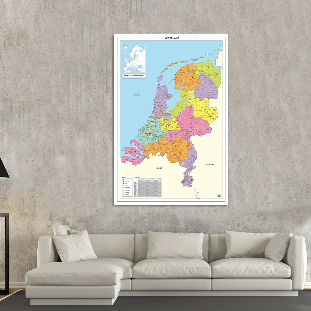 Kaart Van Het Nederland In Het Nederlands Grote Poster Niet-Geweven Canvas Schilderkamer Woondecoratie Schoolbenodigdheden 100*150Cm