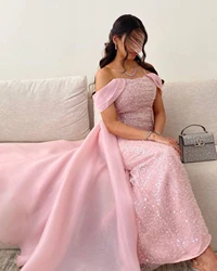 Pink Sequins Evening Dress Women Elegant Satin Off The Shoulder With Bow Bridal Formal Long Ball Gowns Trend Pageant Dress