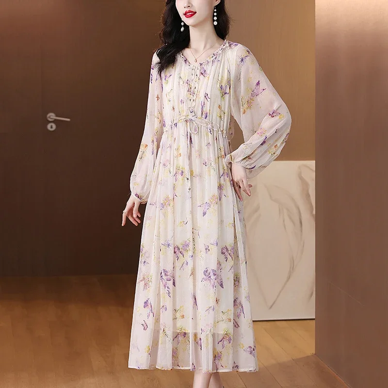 2025 Spring Luxury Silk Floral Casual Beach Maxi Dress Women's Vintage Elegant Evening Prom Summer Holiday Boho Hepburn Vestidos