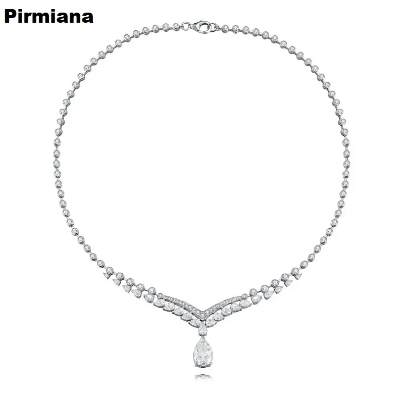 Pirmiana Custom Design Pear Shape White CZ S925 Silver Pendant Necklace for Women Lady Party  Jewelry