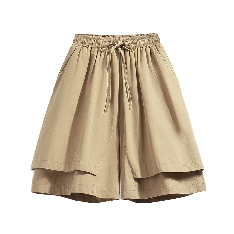 plus Size Casual Women's Shorts Elastic Waist Pure Color Wide Leg Pants High Waist Five-Quarter Length Polyester Fiber