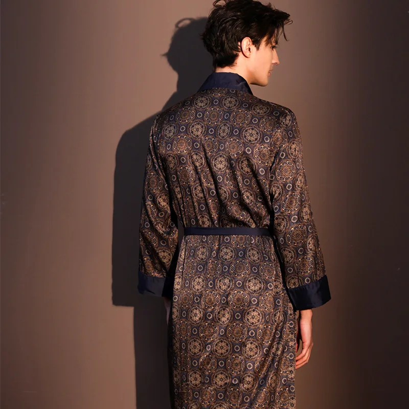 Men Bath Robe Satin Print Kimono Bathrobe Ice Silk Dressing Gown Plus Size Sleepwear Lounge Nightgown view 2