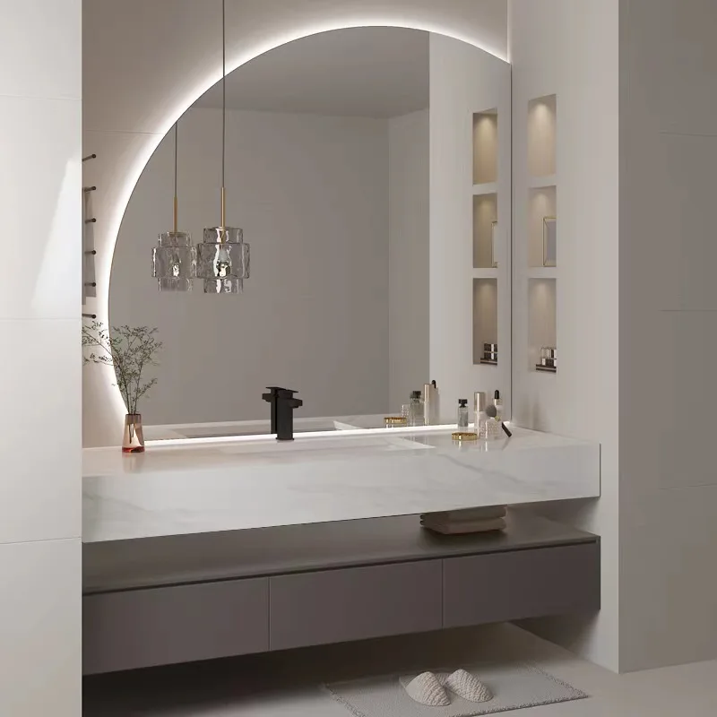 Simple Stone Plate Integrated Semicircle Mirror Bathroom Cabinet Room Washstand Wash Face Wash