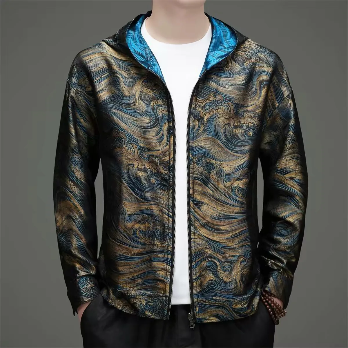 Silk Double-sided Printed Jacket for Men with Hood And Zipper Standard Fit Long Sleeve Gradient Pattern Xiangyun Silk Jacket