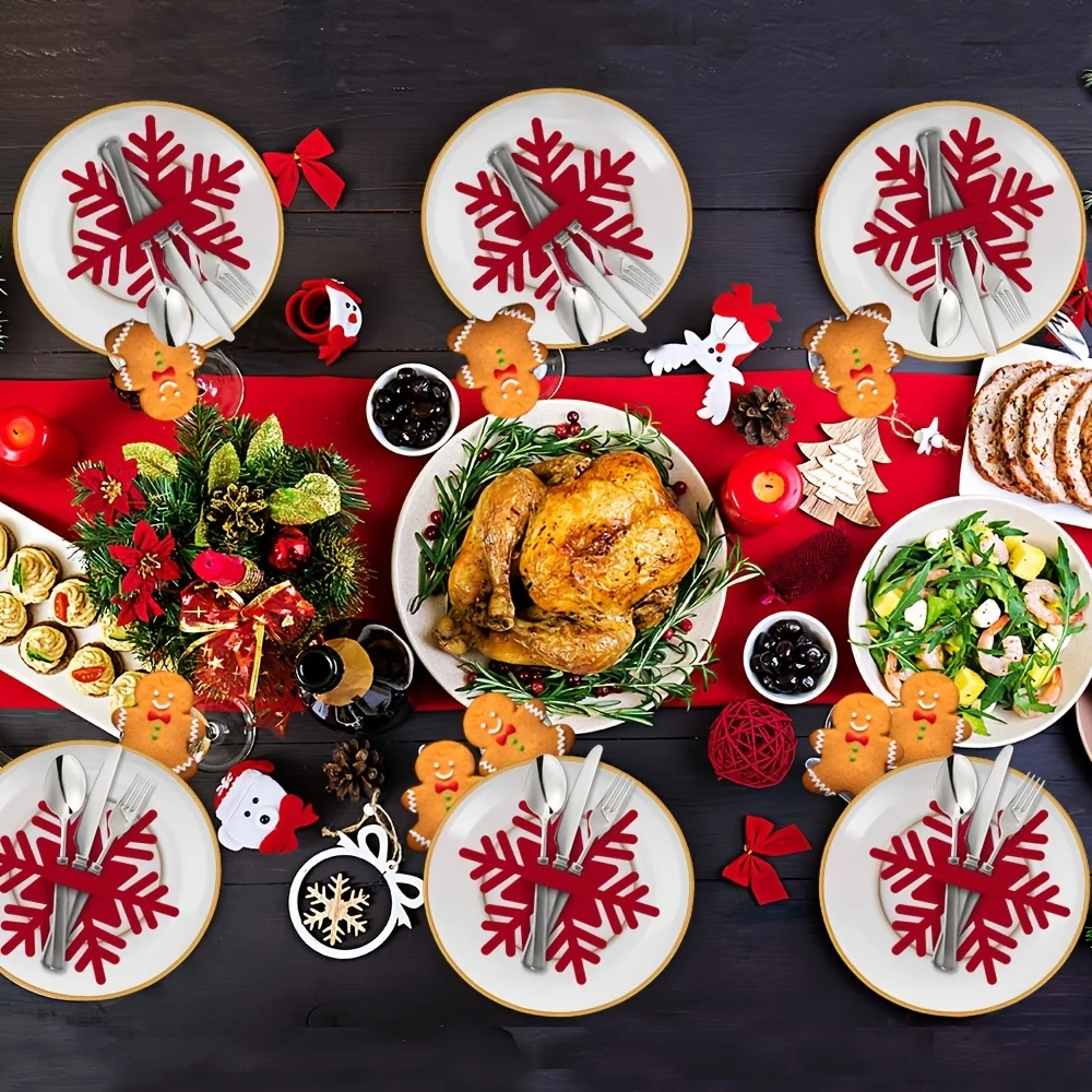 36pcs Christmas Felt Placemats,Felt Cutlery Holder, Utensil Clips, Tablecloth Placement, Adds Color to Your Holiday Party Table