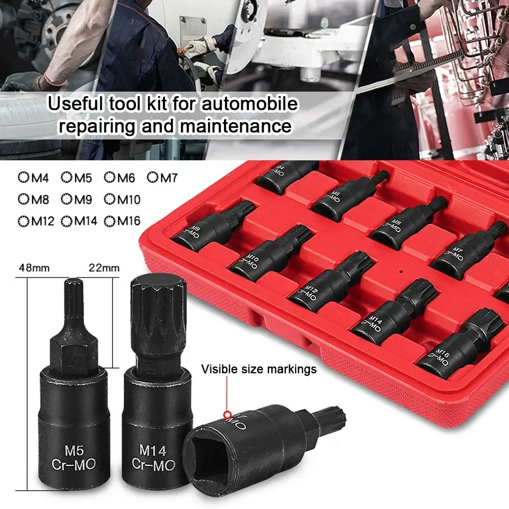 10PCS 12 Point Socket Wrench Set Universal 3/8 Torx Tool Socket Head Applicable To Manual Wrench Box Hexagon Bit