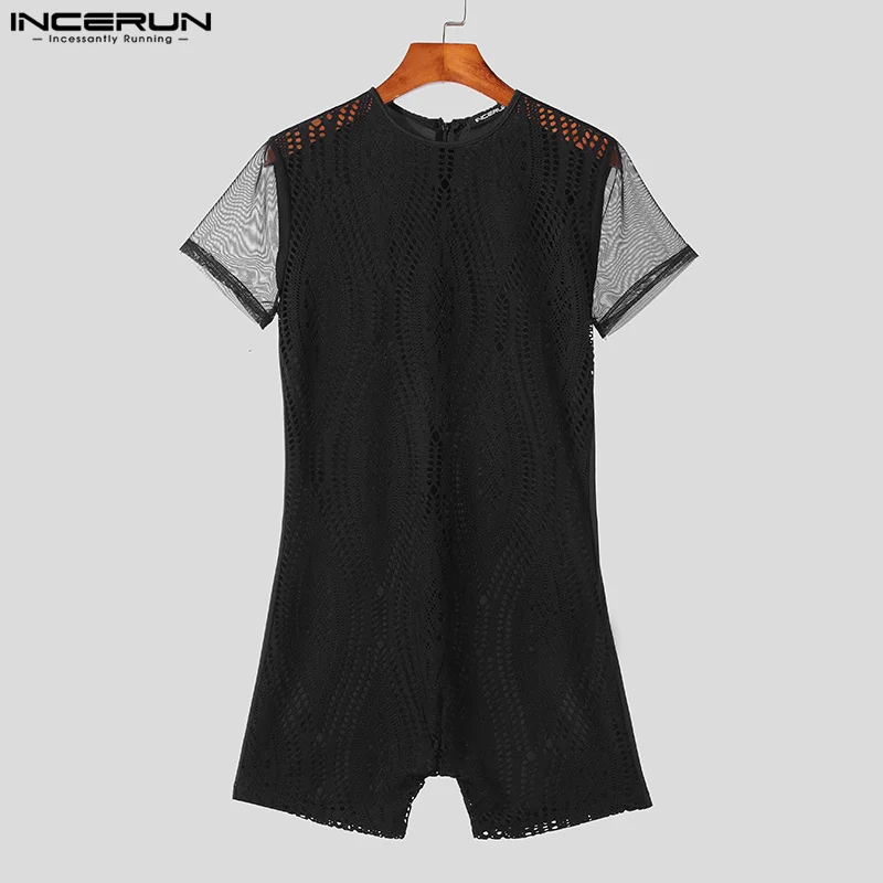 INCERUN 2024 American Style Men\'s O-neck Rompers Fashion See-through Lace Patchwork Jumpsuits Sexy Short Sleeved Bodysuits S-3XL