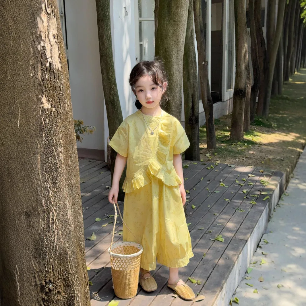 

Girls' Clothing Set 2025 Summer New Item Korean Version Short Sleeved Top Wide Leg Pants Two-piece Set Trendy