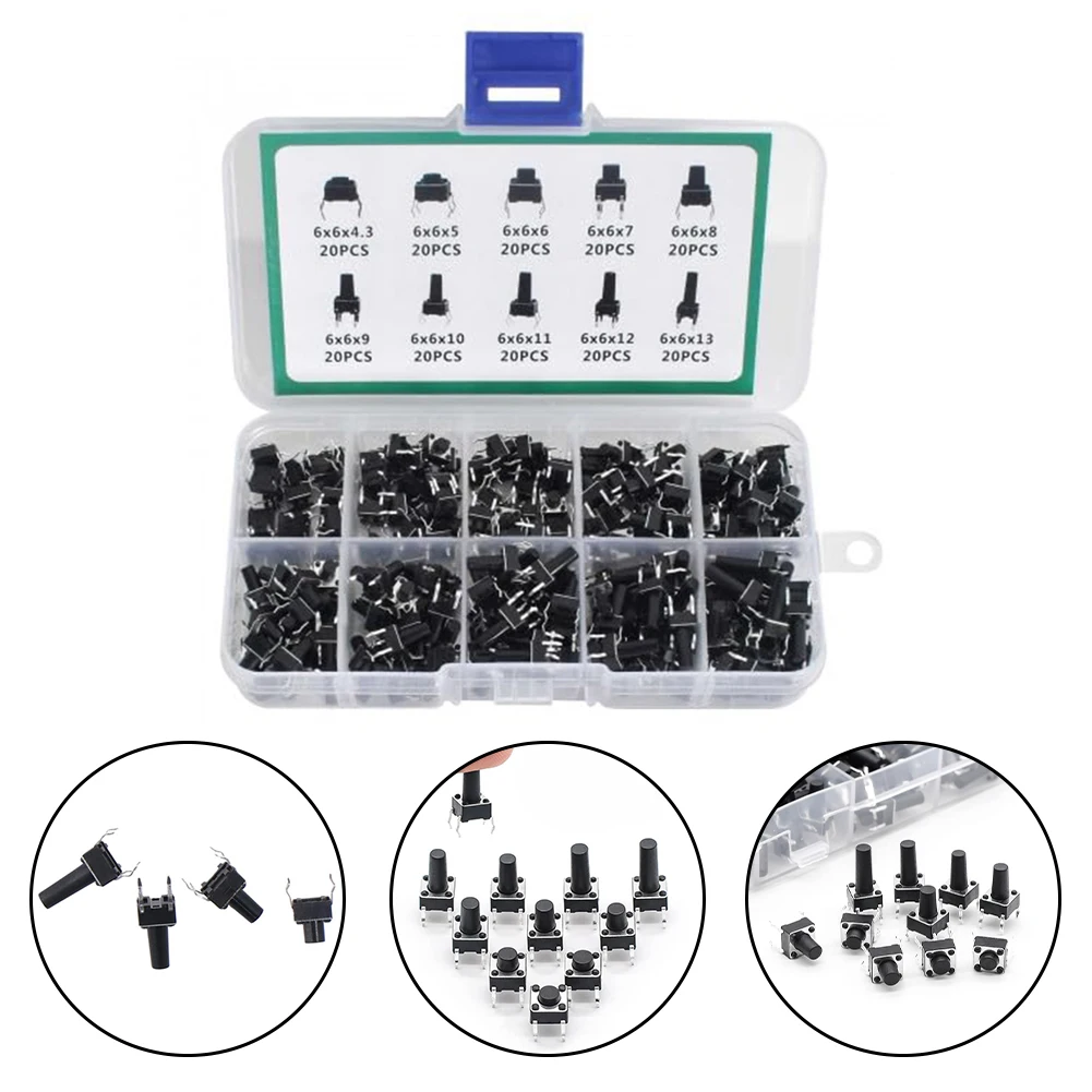 Complete Set of Miniature Tactile Push Button Switches Includes 10 Varieties and 200 Pieces for Efficient Circuit Connections