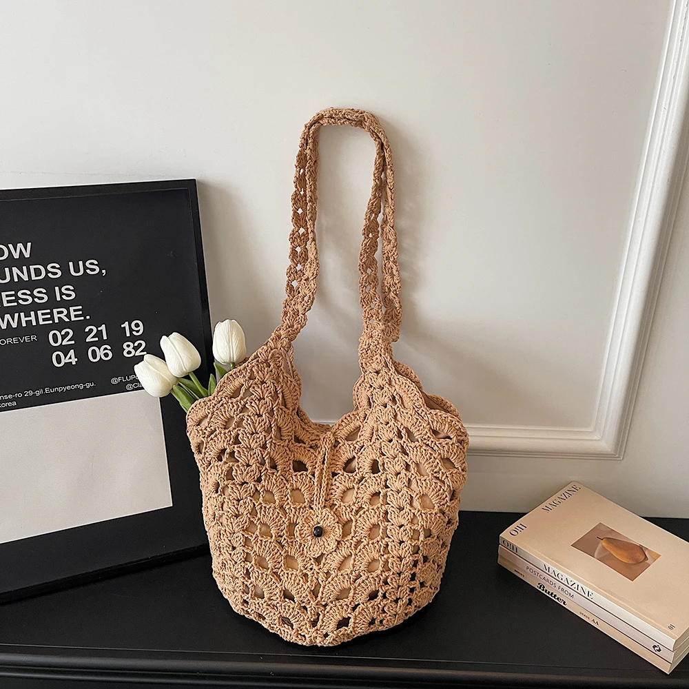 

Женская вязаная крючком ажурная сумка через плечо в стиле ретро, повседневная эстетичная сумка-тоут для шопинга, пляжная сумка для отпуска 2026