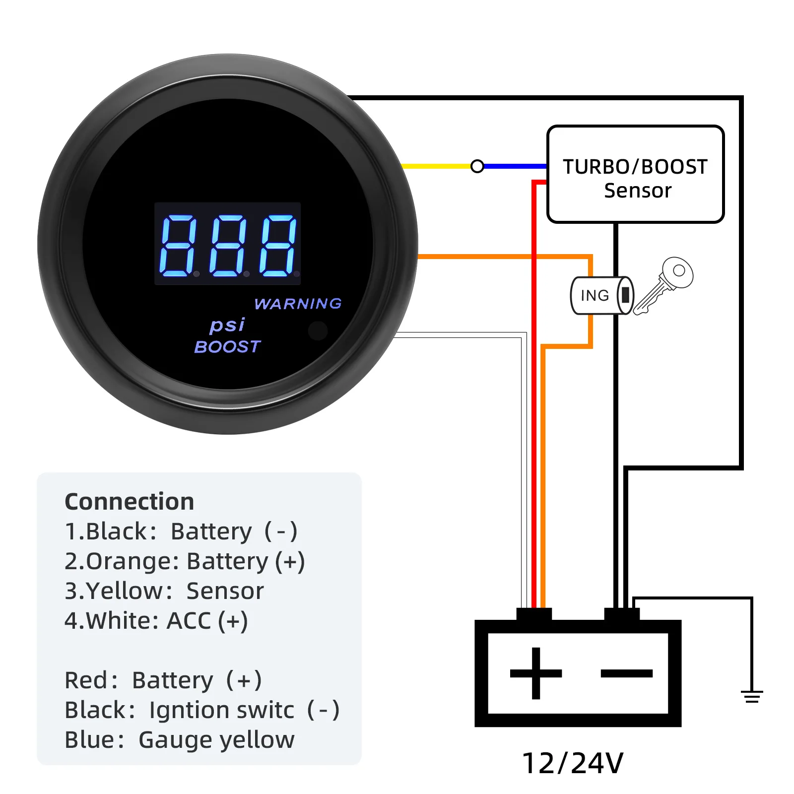 

2" 52mm Digital Car Boost -14.5~43.5 PSI Gauge With Waring Light Smoked Lens Auto Meter for 12V Car Truck SUV