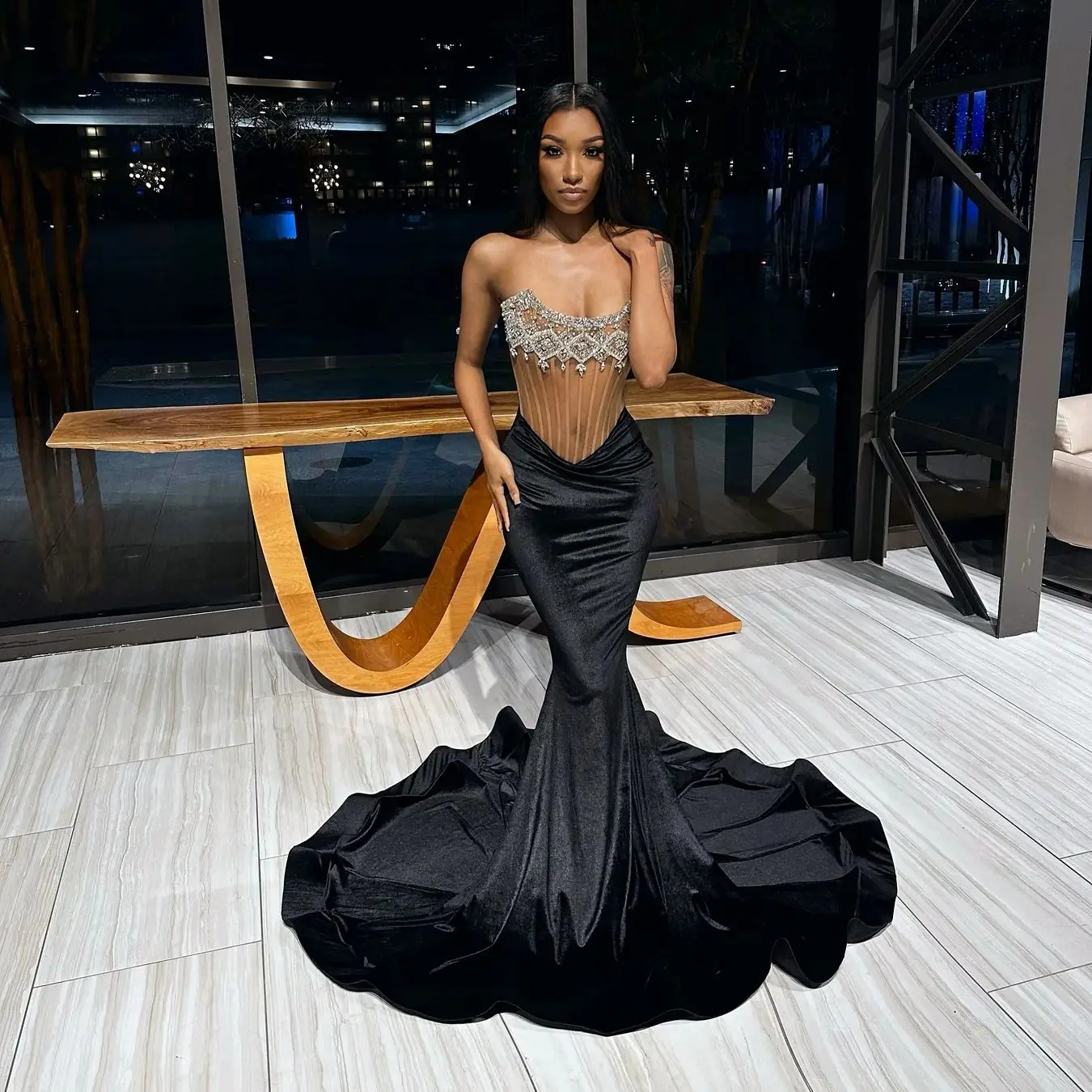 Black South African Prom Dresses Mermaid Sheer Beaded See Through Black Girls Nigeria Robe De Soiree Evening Dresses Gown