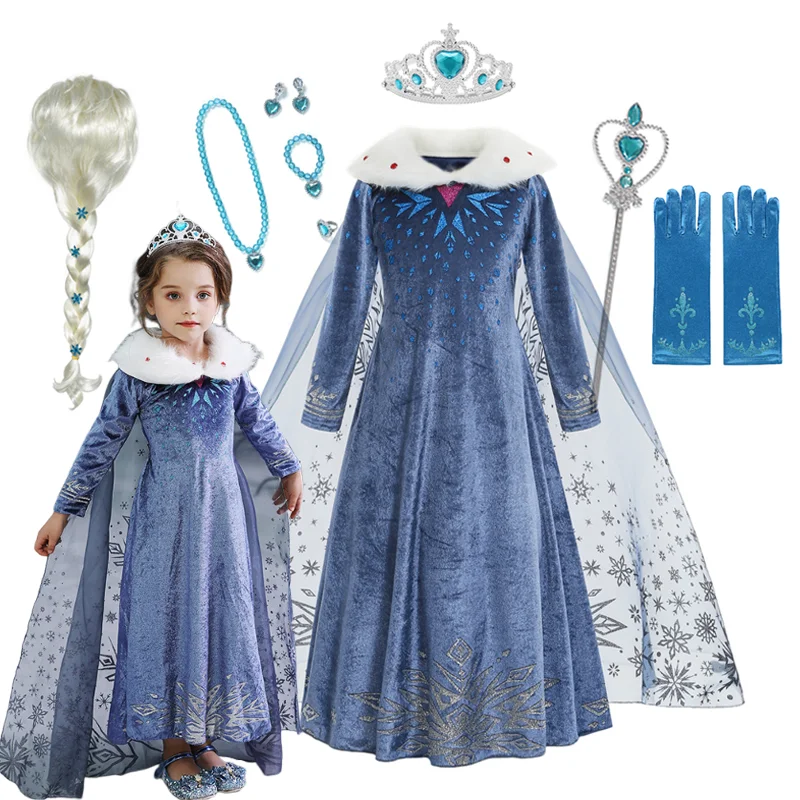 Elsa Dress for Girl Princess Birthday Party Winter Costume Kids Cosplay Frozen Evening Long Sleeve Clothes Snow Queen