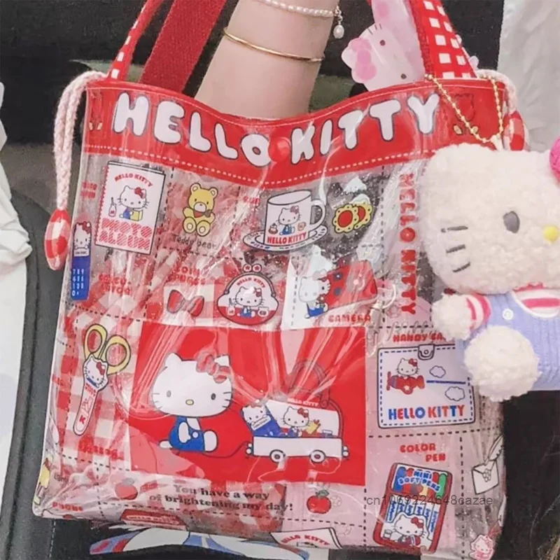 Sanrio Hello Kitty Cute Cat Transparent Bag Summer New Fashion Cartoon Printed Handbag Y2k Korean Style Large Capacity Tote