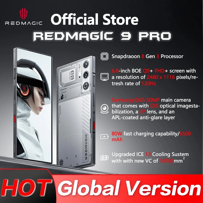 Globale Version RedMagic 9 Pro 5G-Telefon 6,8-Zoll-Gaming-Telefon Snapdragon 8 Gen 3 6500 mAh 80 W Ladung 50 MP NFC