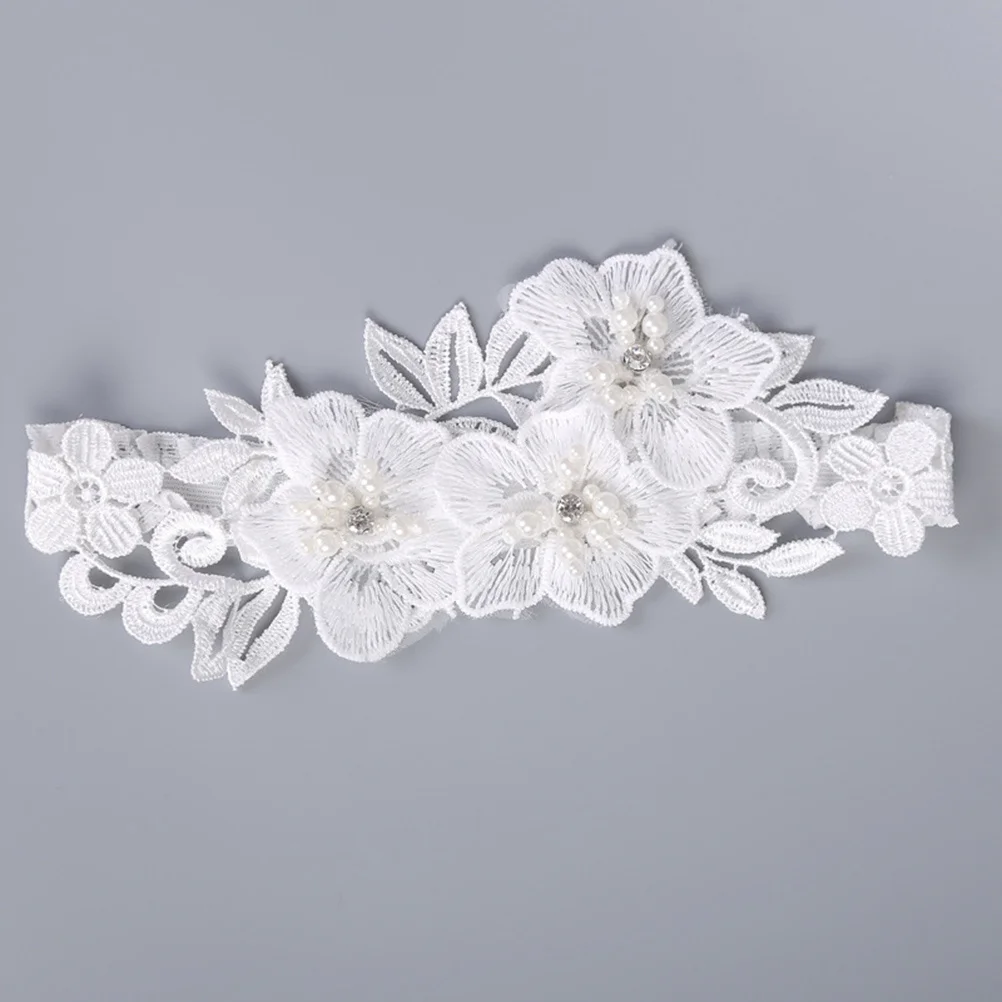 

One Size Elegant Lace Wedding Bride Garter with Rhinestone Pearl Flower Adjustable for Thigh Up to 60Cm Bridal Party Prom Belt